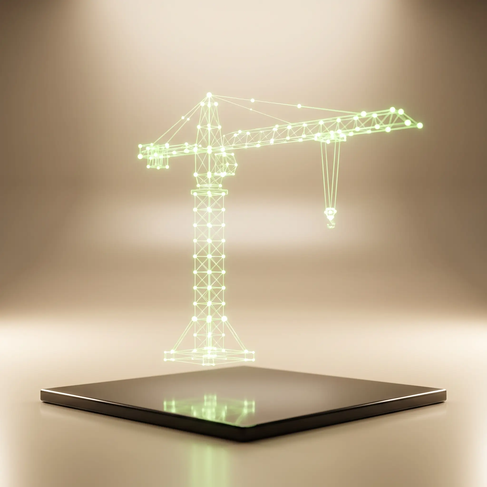 Holographic wireframe of a construction crane, the procurement network