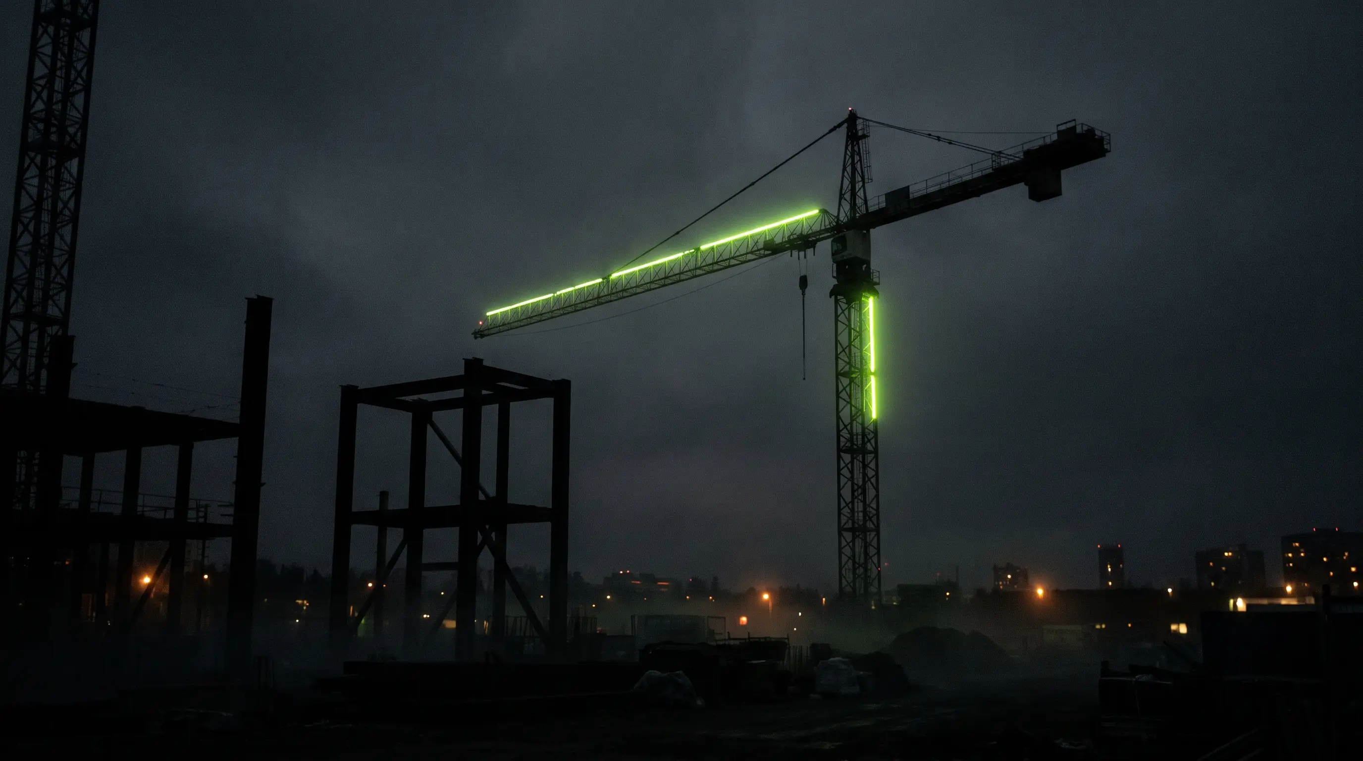 Tower crane lit with lime lights against a dusk sky